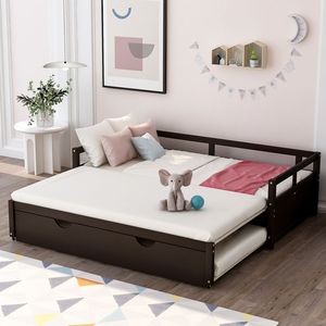 Divano letto in legno Espresso con letto estraibile e rotelle a scomparsa per un comfort aggiuntivo - Product Image 1