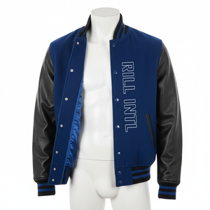 Rill Intl Herren College-Jacke Blau Schwarz PU-Leder Bestickte Krone 07 Schriftzug Lässige Herbstkleidung - Product Image 2