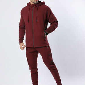Men's Maroon Hooded Tracksuit Full Sleeve Zipper Casual Sweatshirt Pants Set Breathable 100% Cotton Solid Lightweight Autumn - Product Image 1