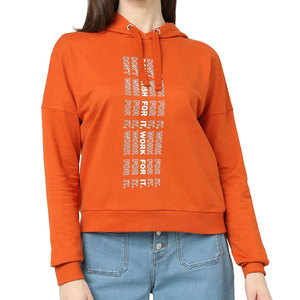 Sudadera con capucha corta naranja para mujer, de manga larga, forro polar, casual, color liso, hombros caídos, teñido liso, tipo jersey - Product Image 1