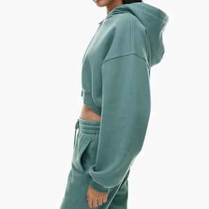 Women's <b>Mint</b> <b>Green</b> Cropped Hooded Sweatshirt Full Sleeve Printed Solid Color Casual Winter Wear 100% Cotton Knitted Lined - Product Image 5