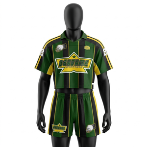 ชุดกางเกงขาสั้นผ้าตาข่ายคุณภาพสูง สีครีมมารูน ลายแถบสีทอง ดีไซน์แผงลายพิมพ์แบบรีดร้อน พร้อมโลโก้สั่งทำพิเศษ ชุดกีฬาสำหรับผู้ชาย - Product Image 2