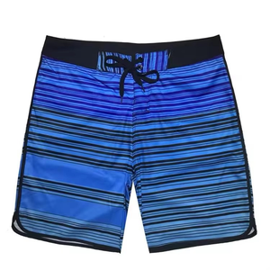 <b>Men's</b> Performance Blue Striped Board Shorts | Quick-Dry Scalloped Hem Surf <b>Trunks</b> with Black Waistband | Summer Beachwear 2026 - Product Image 1