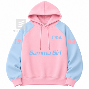 Sudadera personalizada de la hermandad Gamma Phi Delta con logo bordado en la parte delantera, color azul cielo y rosa, manga corta, de algodón, para mujer. - Product Image 1