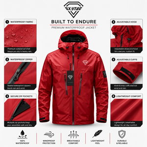 OXYTAG Men's <b>Red</b> <b>Waterproof</b> Hooded <b>Jacket</b> Sporty Style with Zipper Closure and Brand Logo Front Wholesale Rate OEM Custom - Product Image 6
