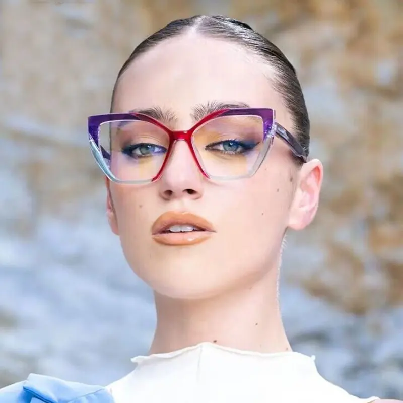 2024 nouveau TR90 dames Anti lumière bleue lunettes cadre optique oeil de chat carré grand cadre Protection des yeux épissage couleur lunettes