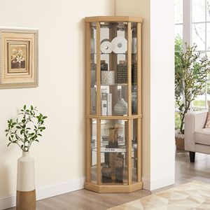 <b>Lighted</b> Corner Curio Cabinet Glass Display Case for Living Room Elegant Antiqued Accent Piece - Product Image 3