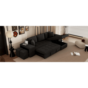 Divano Sezionale Moderno a L da 3 Posti Reversibile con Letto Estraibile e Chaise Longue Contenitore, 2 Sgabelli per Soggiorno - 104.5 - Product Image 4