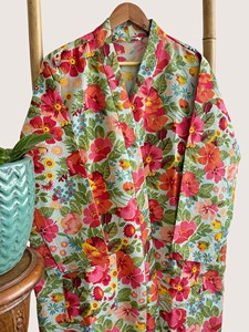 Bata Larga Estampada Floral para Mujer, Manga Larga, Cuello en V, Suave, Informal, para Primavera, de Algodón Waffle y Fibra de Bambú - Product Image 5