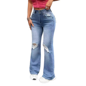 Jeans de Mujer de Cintura Alta, Rotos, Acampanados, Ajustados, Elásticos, de Mezclilla, Estilo Bootcut, Casuales, a la Moda, OEM, Personalizados, al por Mayor - Product Image 1