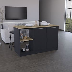 Black/Macadamia Kitchen Island with Large Countertop Double Door Cabinet <b>Open</b> <b>Storage</b> Shelves - Product Image 5