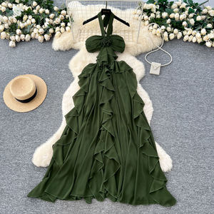 Elegante Vestido Halter Sin Espalda con Volantes, Pedrería, Cintura Alta, Ajuste Delgado, Recto, Transpirable, de Algodón y Gasa - Product Image 2