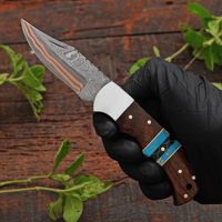 Couteau de poche portable en acier au carbone avec manche en bois, lame finition polie, étui en cuir, fait main et forgé à la main, multi-usages