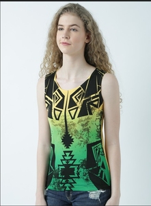Débardeur Femme à Imprimé Géométrique, Col Rond, Sans Manches, Décontracté, Respirant, en Polyester Tricoté, Motif Vert Jaune Noir - Product Image 2