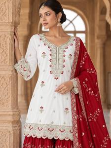 Women Traditional Indian Pakistani Wedding Pure Chino Silk <b>Lehenga</b> Choli Set Red <b>White</b> Embroidered Floor-Length Regular Fit - Product Image 5