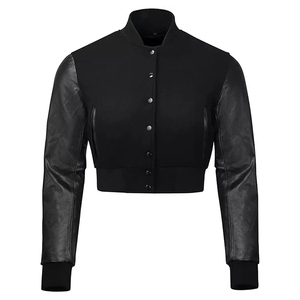 Veste universitaire courte pour femme, entièrement noire, corps en laine et manches en cuir, style Letterman, veste bomber courte, confortable - Product Image 1
