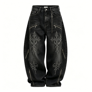 Jean baggy noir délavé en denim gothique avec broderie croisée et fermeture éclair pour le streetwear - Product Image 1