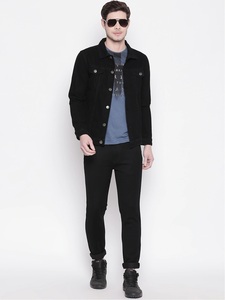 Veste en jean noire pour homme, col rabattu, fermeture boutonnée, coupe ajustée décontractée, pour l'automne, couleur unie, en coton et fibre de bambou tissée - Product Image 1