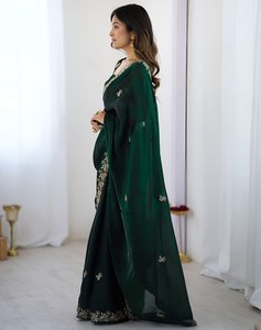 Sari moderne pour femme en tissu satiné doux avec broderie de sequins et motif en relief, séchage rapide, toutes saisons, idéal pour mariages et occasions festives - Product Image 2