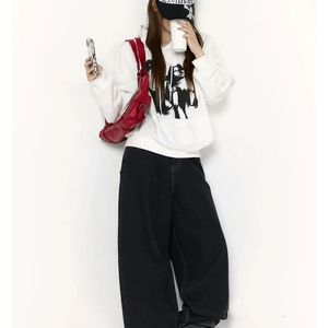 <b>Womens</b> <b>White</b> Pullover <b>Hoodie</b> Brushstroke Graphic Long Sleeve Kangaroo Pocket Fleece Sweatshirt Drop Shoulder Streetwear Y2K Tops - Product Image 5