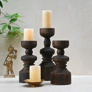 Antique Wood Pillar Candlestand Set of 3 Wood Candle <b>Holders</b> for Pillar Tall Rustic Vintage Wooden <b>Candlestick</b> <b>holder</b> Retro Home - Product Image 3
