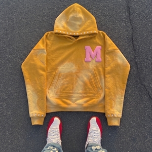 <b>Red</b> Unisex Hoodie Sun Faded Puff Print logo Rhinestone Trim Oversized Streetwear <b>Sweatshirt</b> - Product Image 3