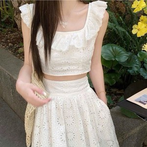 Feminine Solid Embroidered 100% Cotton White Lace Crop Blouse and A-Line <b>Skirt</b> Set for Daily & Vacation Styling - Product Image 2