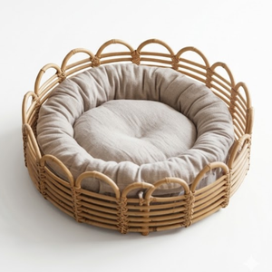 Wholesale New Design Natural Rattan Round Pet <b>Bed</b> Premium Pet <b>Bed</b> with Soft <b>Cushion</b> Handwicker from Vietnam - Product Image 1