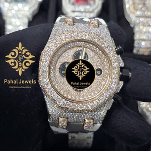 Montre à quartz pour homme Pahal Jewels en acier inoxydable 43 mm, chronographe analogique, chiffres romains, incrustée de diamants, bracelet déployant de luxe 20 mm - Product Image 1