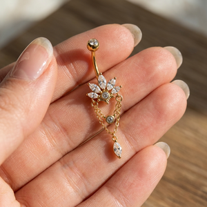 Anillo de Ombligo de Moda Chapado en Oro de 10K con Rosca Interna, Cadena Colgante y Diamantes Florales, Joyería Corporal para Mujer - Product Image 5