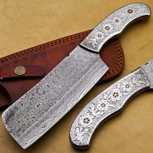 Cuchillo de carnicero de acero de Damasco hecho a mano con funda de cuero |   Cuchillo de Carnicero Forjado de Alta Resistencia, Cuchillo Tracker OEM para Bricolaje - Product Image 1