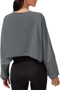 Sudadera Corta Oversize para Mujer, Hombros Caídos, Manga Larga, Tejido Sólido, Cuello Redondo, Transpirable, Ropa Casual de Verano - Product Image 5