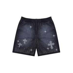 Men's Denim Shorts Star Print <b>Sequined</b> Casual Summer Wear Mid Waist Breathable 100% Cotton Woven Vintage Dark - Product Image 1