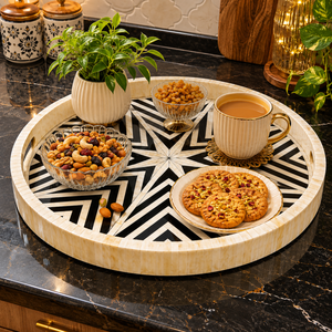 Luxury Round Bone Inlay Serving Tray | Handmade Decorative Coffee Tea Tray Black White Geometric Home Decor Wedding <b>Gift</b> Tray - Product Image 5