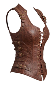<b>Women</b> Vintage Brown Genuine Leather Corset Vest with Lace-Up Front Adjustable Buckle Straps Steampunk Biker <b>Waistcoat</b> Custom - Product Image 5