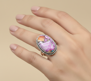 <b>Pink</b> Dahlia Oyster Turquoise Oval Ring 925 Sterling Silver Handmade Beaded <b>Frame</b> Statement Ring Rose Gold Yellow Gold Plated - Product Image 2
