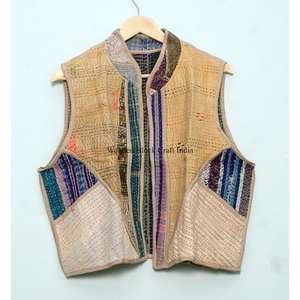 เสื้อกั๊กคันธาทำมือแบบดั้งเดิม ลายปะติดปะต่อ ผ้าฝ้ายถัก ระบายอากาศได้ดี เสื้อแจ็คเก็ตคอวีสำหรับผู้หญิง ติดกระดุมแบบปกปิด - Product Image 1