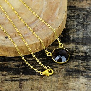 Collier avec pendentif en quartz fumé naturel de forme ronde, chaîne en argent sterling 925 plaqué or 18 carats - Product Image 3