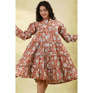 Vestido de Algodón Ecológico Lavable con Estampado Floral para Mujer, Manga Larga, Cintura Natural, Mini, Verano, Casual, Uso Diario - Product Image 1