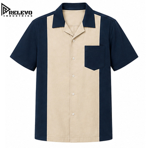 เสื้อเชิ้ตโบว์ลิ่งแขนยาวลำลองสำหรับผู้ชาย พรีเมียม คอทรงโอ ดีไซน์แผงสีทูโทน กรมท่า-เบจ  คอปกติดกระดุม แห้งเร็ว - Product Image 1