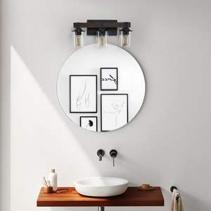 19" Rustic Modern Farmhouse 3-<b>Light</b> Vanity <b>Light</b> Industrial Bathroom <b>Wall</b> Sconce Walnut-Iron <b>Wood</b> Accent Glass Shades Model - Product Image 5
