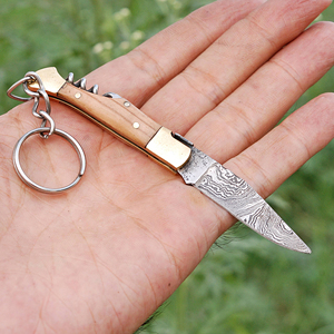 Herramienta de Bolsillo con Anillo de Sujeción, Accesorio para Llevar al Aire Libre, Cuchillo Llavero Hecho a Mano en Damasco, Hoja Plegable Pequeña y Duradera - Product Image 4