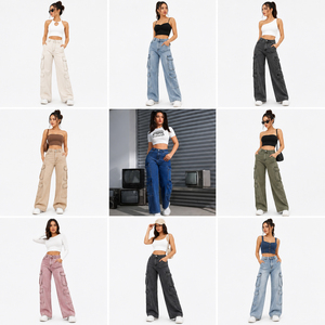 Pantalones Cargo de Mezclilla para Mujer, Holgados, con Múltiples Bolsillos, de Cintura Alta, Pierna Recta, Lote de Stock, Tallas Grandes Personalizadas, Jeans Cargo para Dama, Pantalón de Mezclilla - Product Image 4