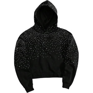 Sweat à capuche noir avec strass et motif crâne pour homme, en mélange coton et polyester, imprimé flamme gothique, fermeture éclair intégrale, style punk streetwear - Product Image 1