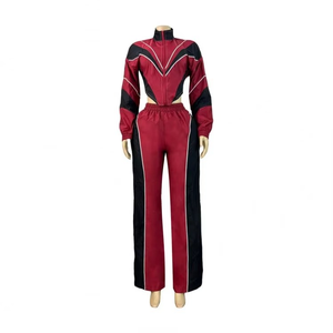 Women's Red Black Color Blocking <b>Tracksuit</b> Full Sleeve Turtleneck Sporty Jogger Set Quick Dry Spandex Polyester Spring Wear - Product Image 1