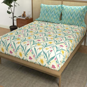 100% Cotton Breathable Woven Sateen Fabric Queen/<b>King</b> <b>Size</b> Bed <b>Sheets</b> Set with 2 Pillow Covers 144 TC Floral Pattern Green - Product Image 1