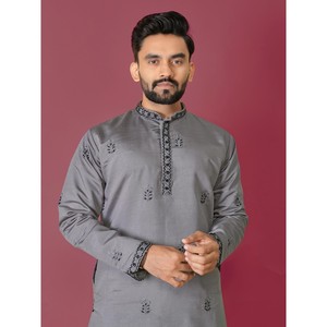 ATTRACTIVE ROMAINE EN SOIE MOTI TRAVAIL À LA MAIN HOMME KURTA AVEC PYJAMA GRIS - Product Image 2