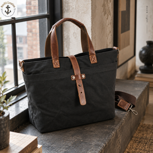 Black <b>Waxed</b> <b>Canvas</b> Tote Bag with Carry Handles and Snap Closure | Everyday Shoulder Bag with Detachable Strap for Daily Travels - Product Image 2