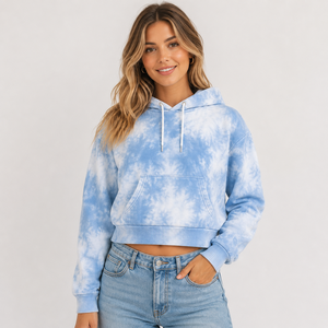 Sweat à capuche court tie-dye OEM pour femme, en molleton doux, avec cordon de serrage et poche kangourou, étiquette personnalisée, streetwear, prix de gros - Product Image 1