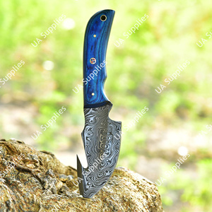 Cuchillo Skinner de Hoja Fija de Acero de Damasco Personalizado al por Mayor con Mango Estabilizado Azul, OEM ODM, para Caza, Camping, EDC, con Funda de Cuero - Product Image 3